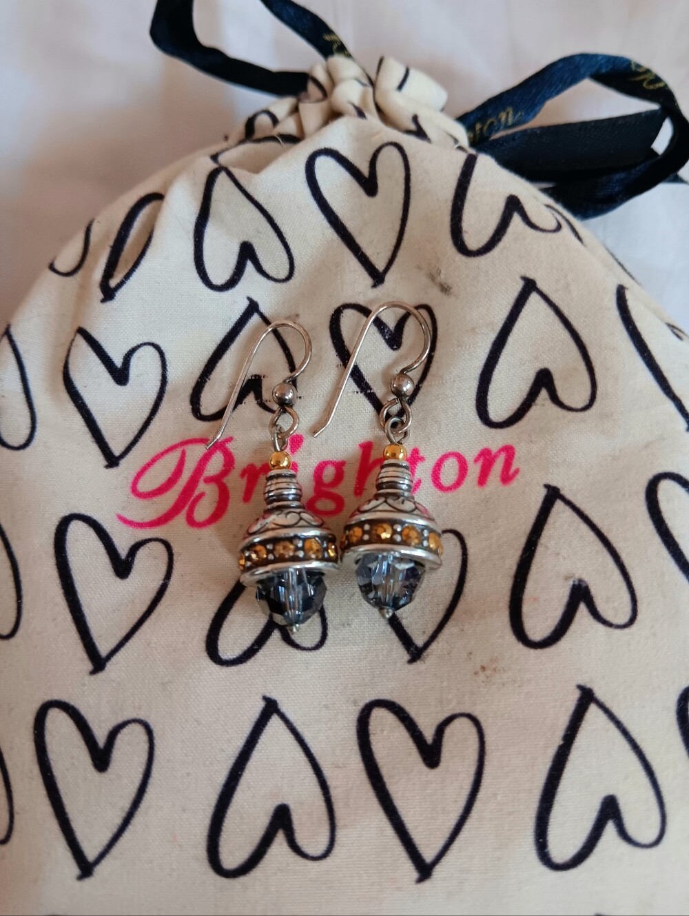 Brighton Silver- Crystal Drop Earrings with Gold Accents - Gray & Gold